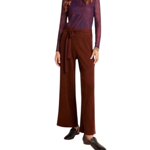 Anthropologie Brown Wide-Leg merino wool blend Knit Pants w/ tie waist S - Picture 1 of 11